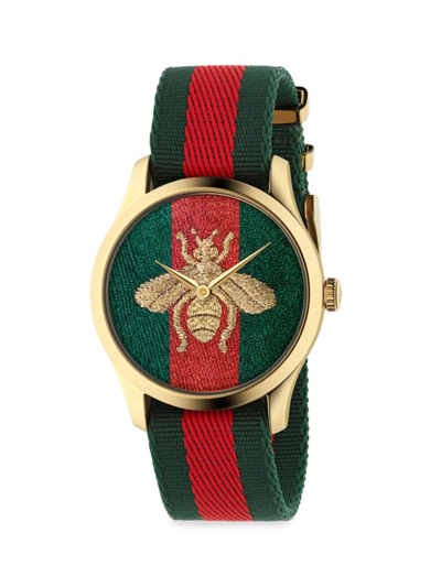 Shop Gucci Men's Timeless Embroidered Bee Watch In Yellow Gold