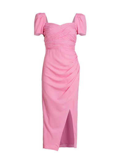 Shop Self-portrait Women's Iris Puff-sleeve Stretch Crepe Midi-dress In Pop Pink
