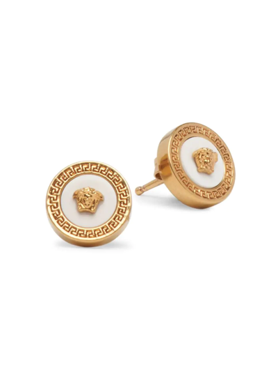 Shop Versace Men's Icon Medusa Stud Earrings In Tribute Gold White