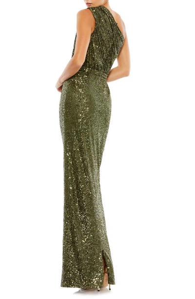 Shop Mac Duggal Sequin One-shoulder Column Gown In Olive