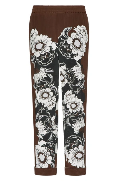 Shop Valentino Floral Print Cuff Silk Pants In Pmz - Brown / Black/ White