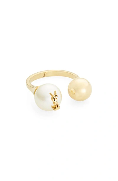 Shop Saint Laurent Ysl Imitation Pearl Open Ring In Or Laiton Vieilli/ Cr