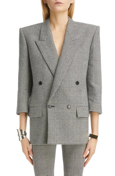 Shop Saint Laurent Prince Of Wales Tweed Double Breasted Wool Blend Jacket In Noir Craie