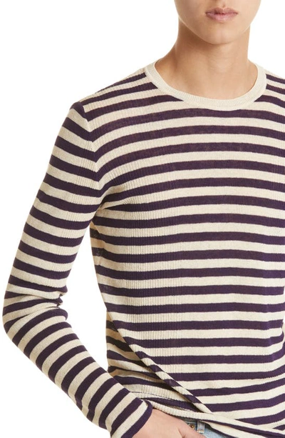 Shop Saint Laurent Stripe Linen & Silk Sweater In Natural/ Violet
