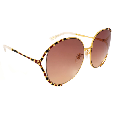 Shop Gucci Brown Gradient Round Ladies Sunglasses Gg0595s 009 64 In Black / Brown / Gold