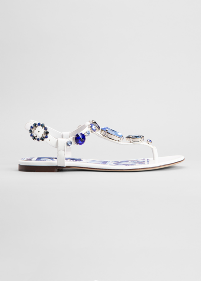 Shop Dolce & Gabbana Jeweled Leather Thong Slingback Sandals In Whitemult