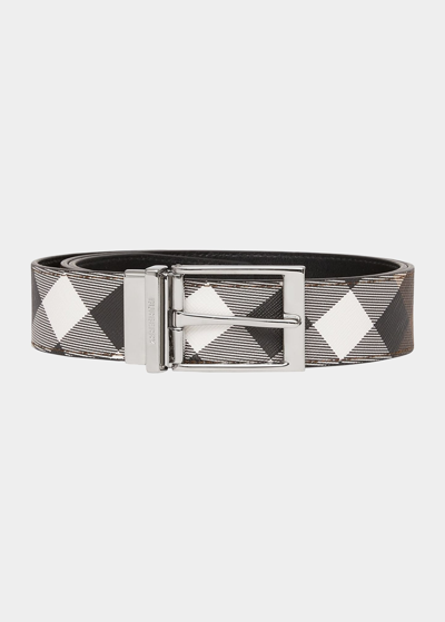 Shop Burberry Men's Reversible Giant Check-e Canvas Belt In Birch Brownblack