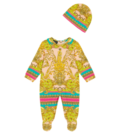 Shop Versace Baby Barocco Onesie And Hat Set In Mauvelous+citron