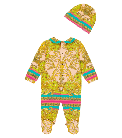 Shop Versace Baby Barocco Onesie And Hat Set In Mauvelous+citron