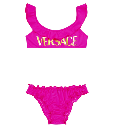 Shop Versace Logo Ruffle-trimmed Bikini In Cerise