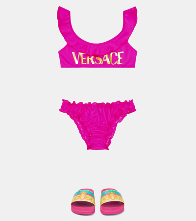 Shop Versace Logo Ruffle-trimmed Bikini In Cerise