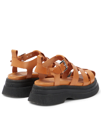 Shop Ganni Leather Sandals In Tannin