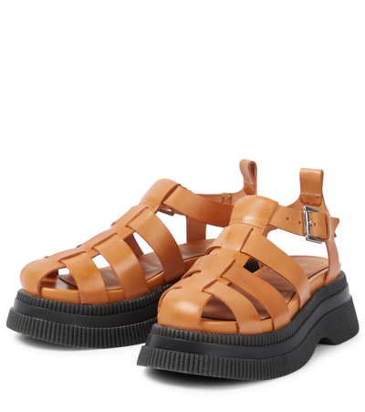 Shop Ganni Leather Sandals In Tannin