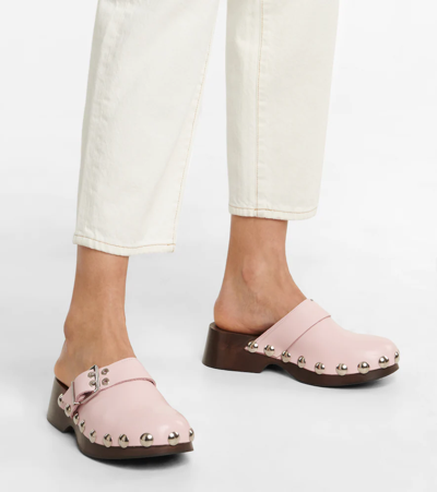 Shop Ganni Buckled Leather Clogs In Pale Lilac