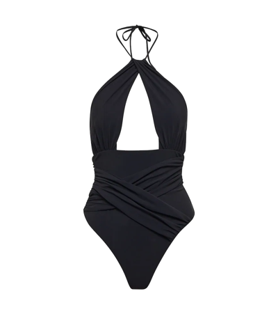 Shop Nensi Dojaka Cutout Ruched Halterneck Swimsuit In Black