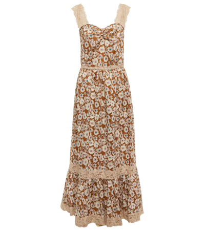 Shop Gucci Floral Silk Midi Dress In Brown/mix