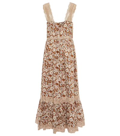 Shop Gucci Floral Silk Midi Dress In Brown/mix