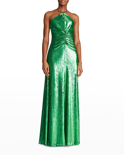 Shop Halston Ruched Sequin Halter Gown In Verde