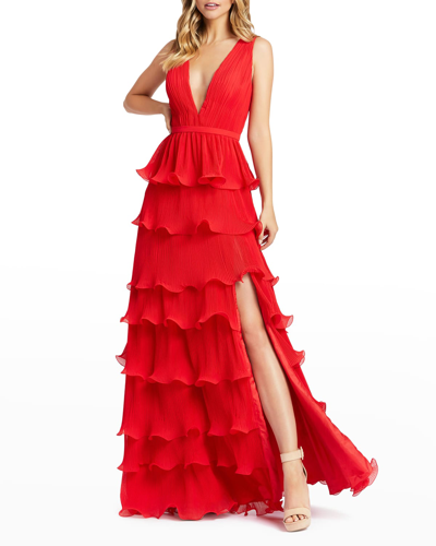 Shop Ieena For Mac Duggal Sleeveless Ruffle Tiered Gown In Red