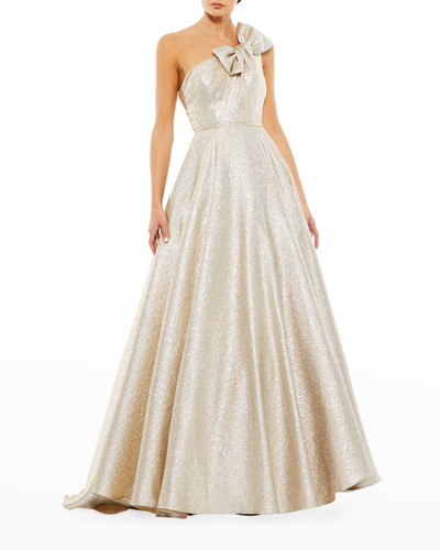 Mac Duggal Bow One Shoulder Metallic Ballgown In Oyster | ModeSens