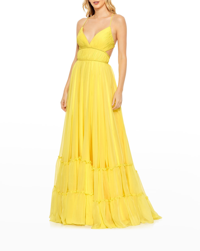 Shop Mac Duggal Pleated Tiered Chiffon Gown In Buttercup