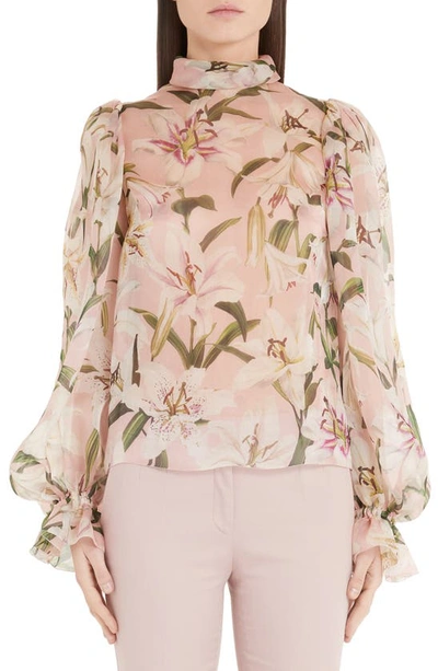 Shop Dolce & Gabbana Lily Print Organza Puff Sleeve Blouse In Pink Lily