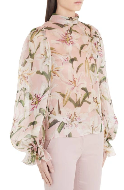 Shop Dolce & Gabbana Lily Print Organza Puff Sleeve Blouse In Pink Lily