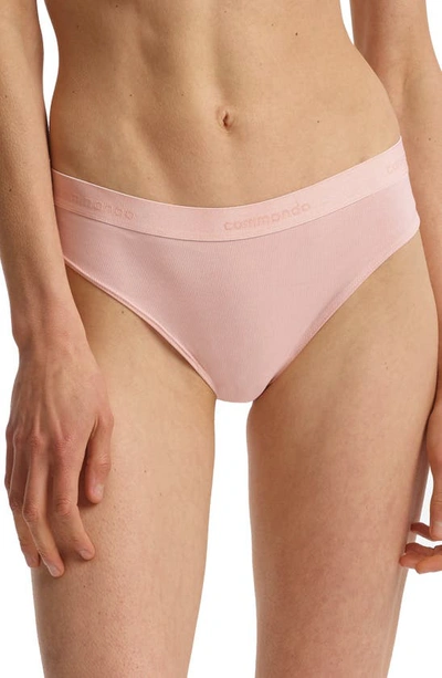 Commando Soft Rib Logo Tape Thong In Apricot Pink