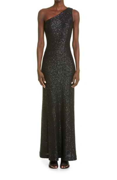 St John Scattered Sequin One Shoulder Gown In Black