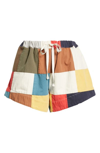 The Great The Bonfire Drawstring Cotton Shorts In Multi Color Patchwork