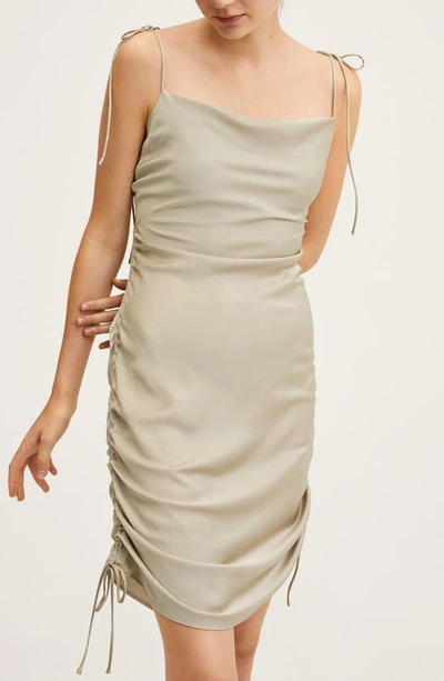 Shop Mango Ruched Satin Slipdress In Beige