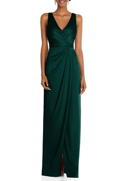 Shop After Six Sleeveless Satin Faux Wrap Gown In Evergreen