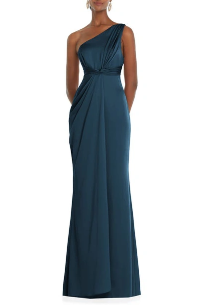 Shop Dessy Collection One-shoulder Satin Gown In Atlantic Blue