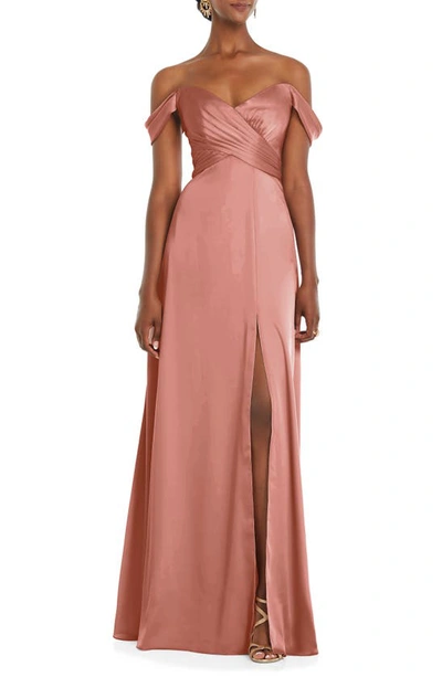 Dessy Collection Off The Shoulder Satin Gown In Desert Rose
