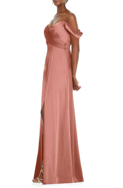 Shop Dessy Collection Off The Shoulder Satin Gown In Desert Rose