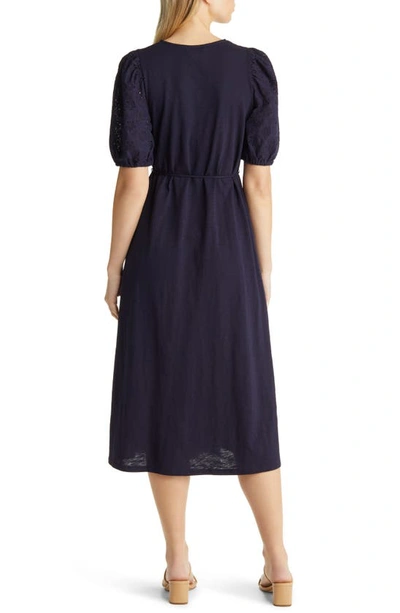 Shop Boden Broderie Puff Sleeve Cotton Jersey Midi Dress In Navy