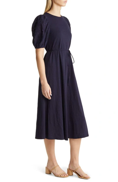 Shop Boden Broderie Puff Sleeve Cotton Jersey Midi Dress In Navy
