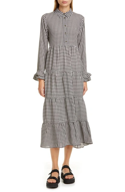 Shop Ganni Gingham Print Crepe Long Sleeve Midi Dress In Black