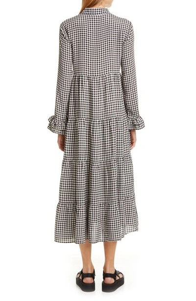 Shop Ganni Gingham Print Crepe Long Sleeve Midi Dress In Black