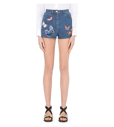 Shop Valentino Butterfly-embroidered Denim Shorts In Blue