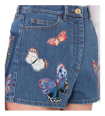 Shop Valentino Butterfly-embroidered Denim Shorts In Blue