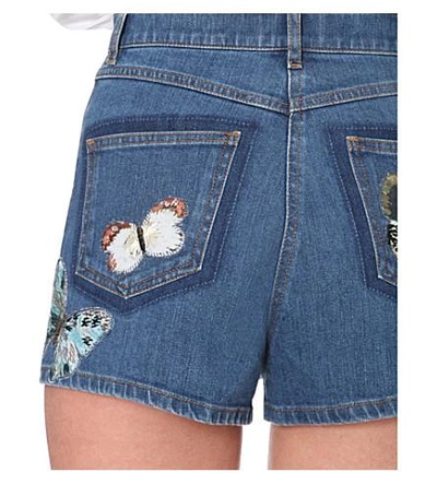 Shop Valentino Butterfly-embroidered Denim Shorts In Blue