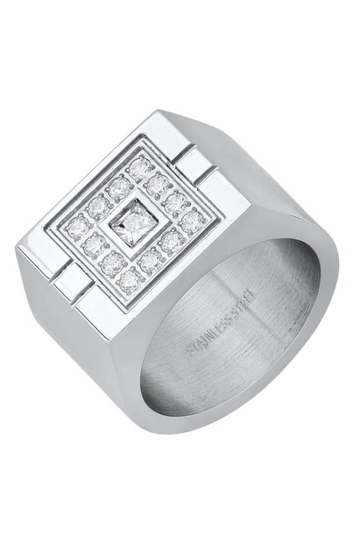 Shop Hmy Jewelry Stainless Steel Simulated Diamond Signet Statement Ring In Metallic