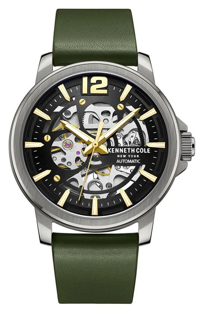Shop Kenneth Cole Automatic Leather Strap Watch, 44mm In Olive