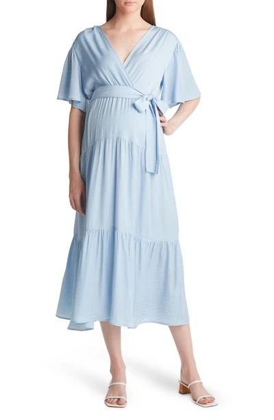 Shop Angel Maternity Crossover Faux Wrap Maternity Maxi Dress In Light Blue