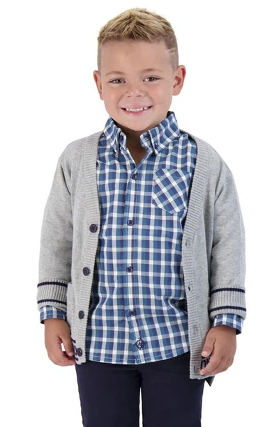 Shop Andy & Evan Kids' Dino Intarsia Cotton Cardigan In Grey / Navy