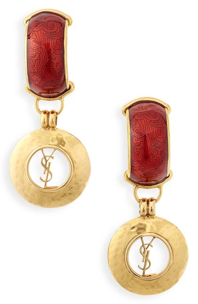 Shop Saint Laurent Dome Clip-on Drop Earrings In Or Laiton Vieilli/ Ro