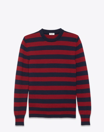 Saint Laurent Classic Crewneck Sweater In Navy Blue And Bordeaux Striped Wool In Navy Bordo