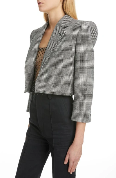 Shop Saint Laurent Prince Of Wales Tweed Wool Blend Crop Jacket In Noir Craie