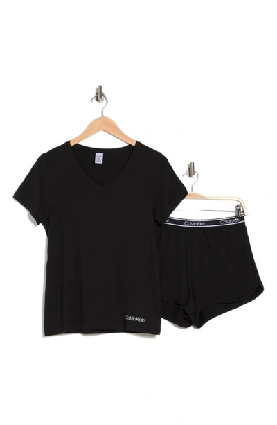 Calvin Klein V-neck T-shirt & Shorts 2-piece Pajama Set In Black